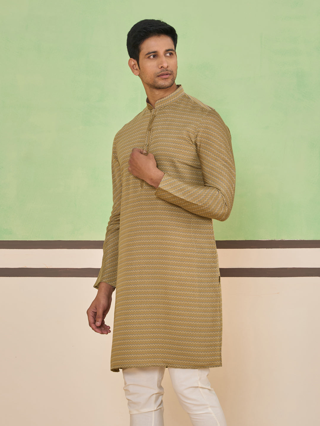Brown Textured Striped Kurta Set