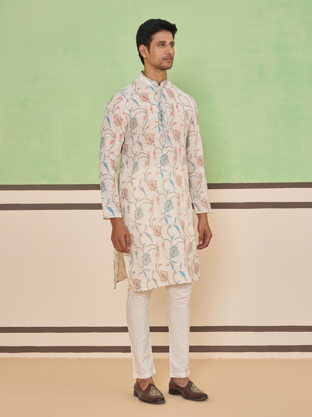 Cream Self Textured Kurta Set