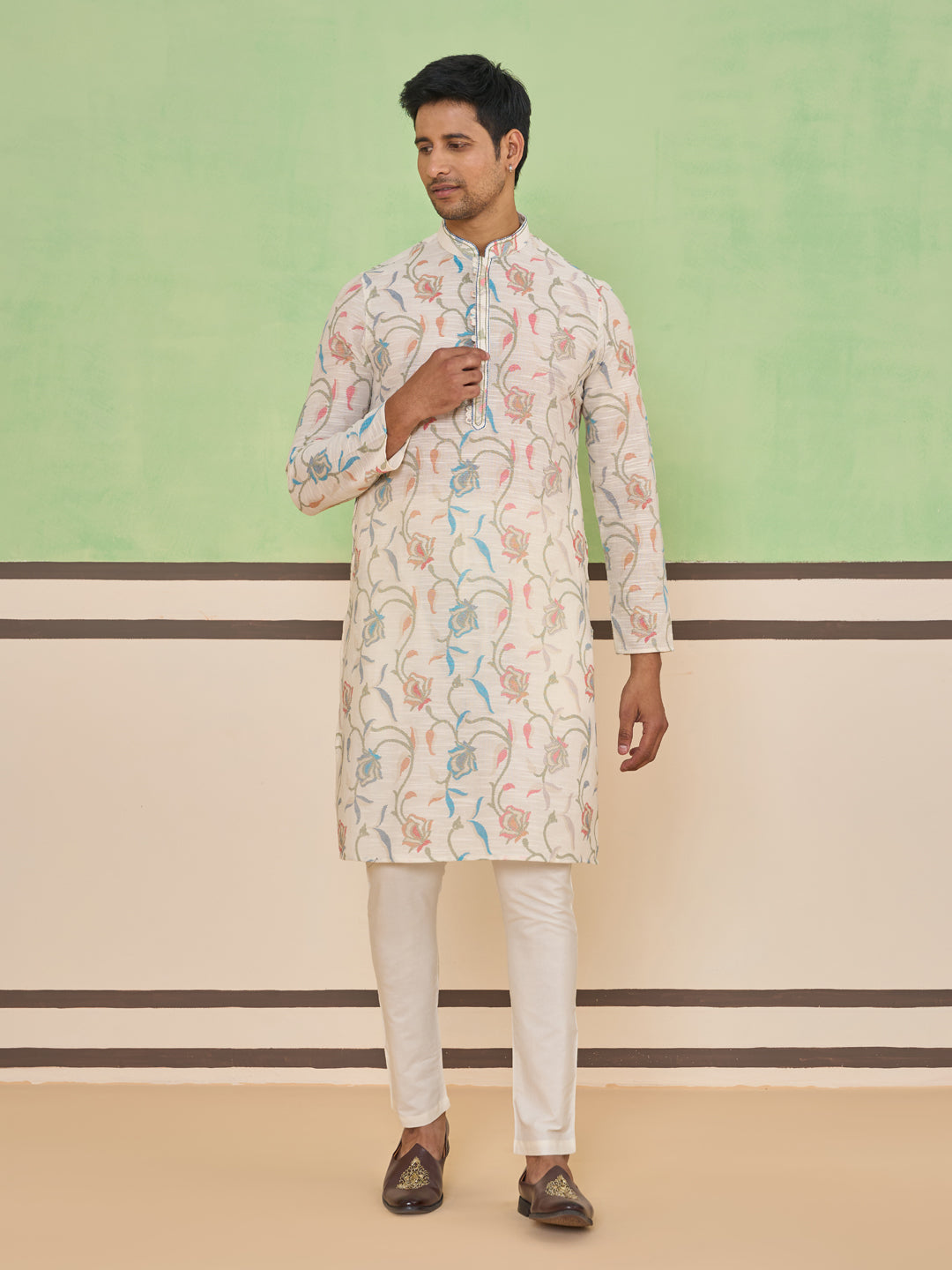 Cream Self Textured Kurta Set