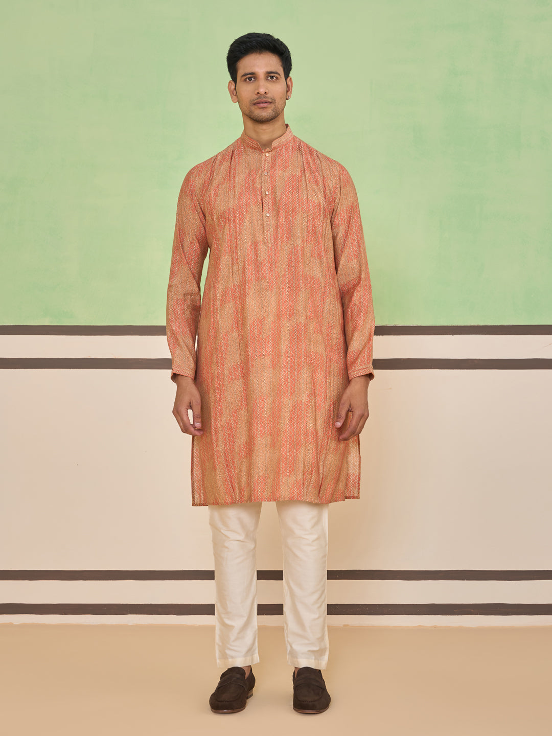 Peach Gold Ethnic Textured Kurta Set