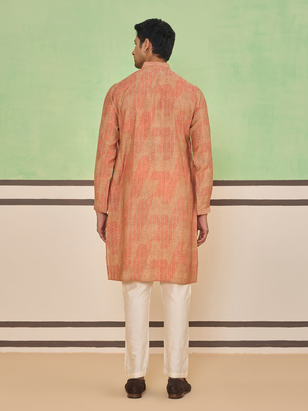 Peach Gold Ethnic Textured Kurta Set