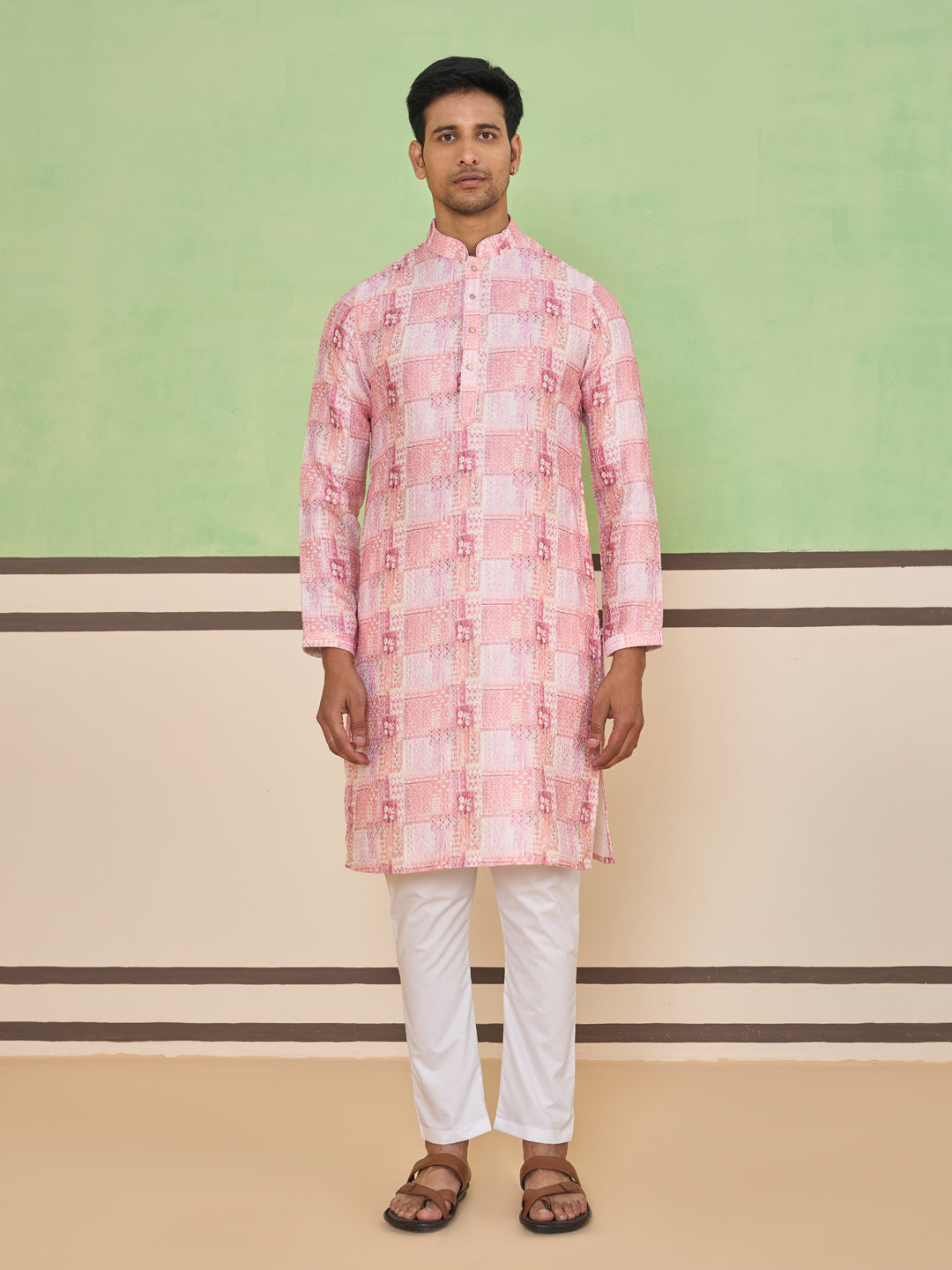 Rose Pink Ethnic Check & Floral Kurta Set