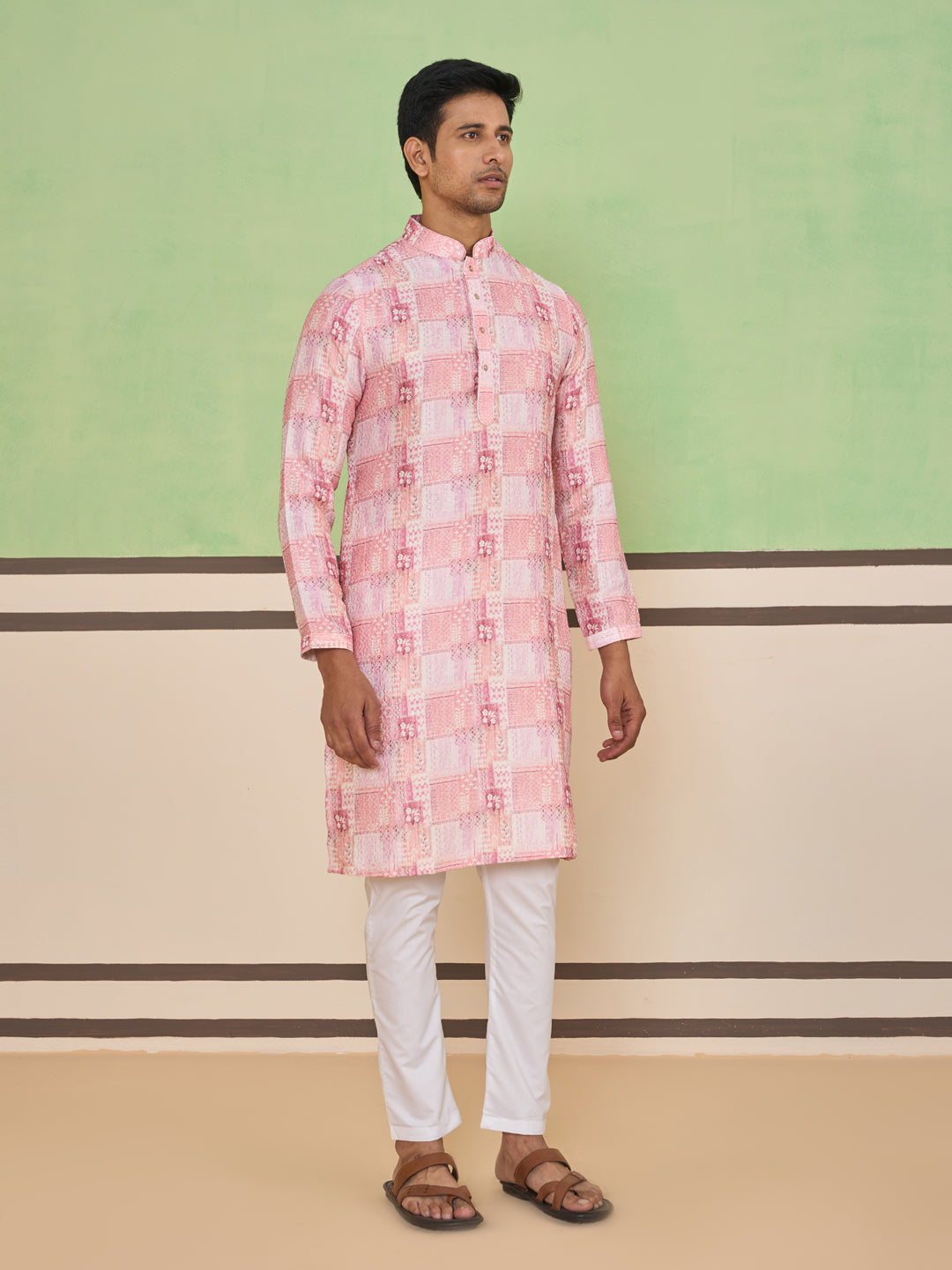 Rose Pink Ethnic Check & Floral Kurta Set