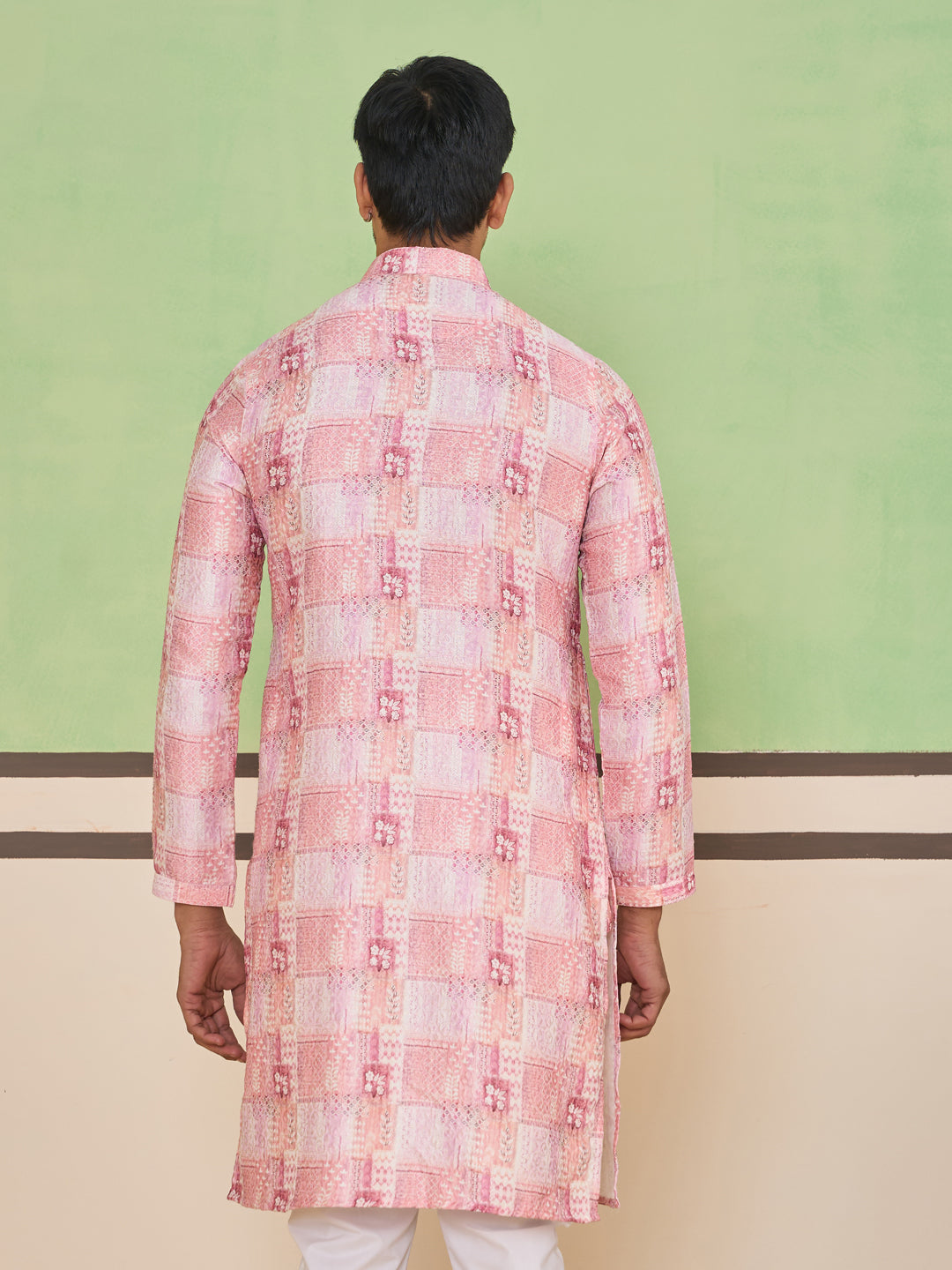 Rose Pink Ethnic Check & Floral Kurta Set