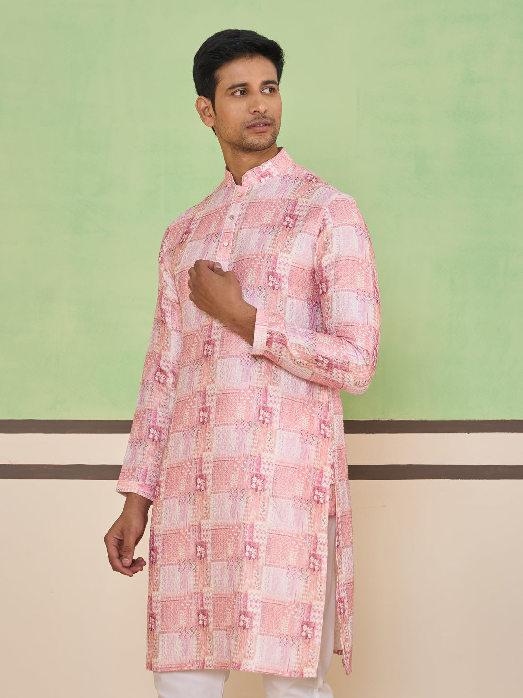 Rose Pink Ethnic Check & Floral Kurta Set