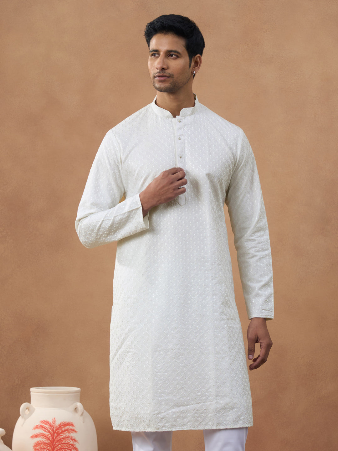 Off White Cotton Chikankari Embroidered Kurta Set