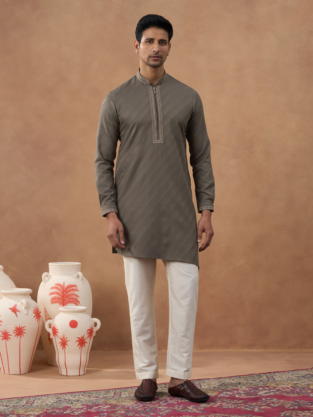 Olive Brown Self-Design Kurta Set