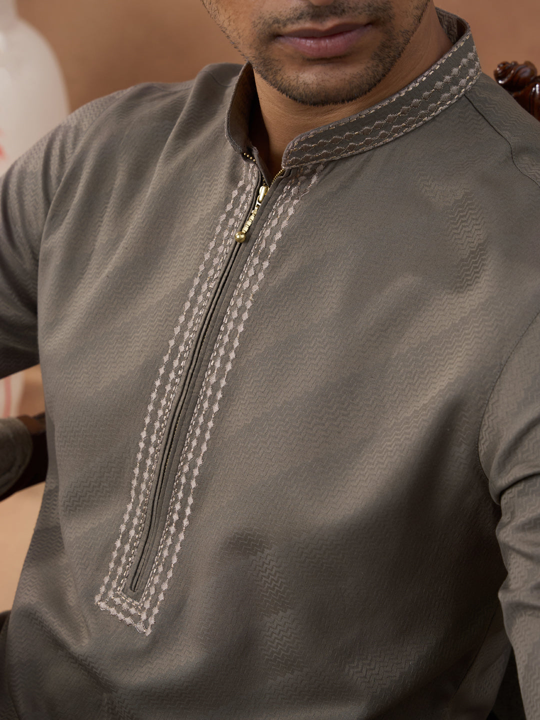 Olive Brown Self-Design Kurta Set