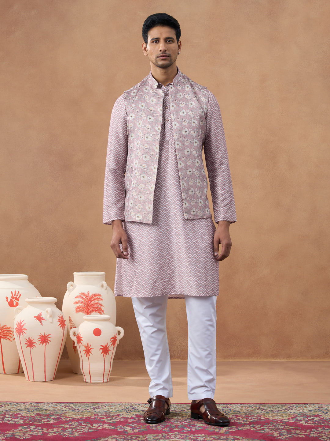 Pastel Pink Floral Jacket & Kurta Set