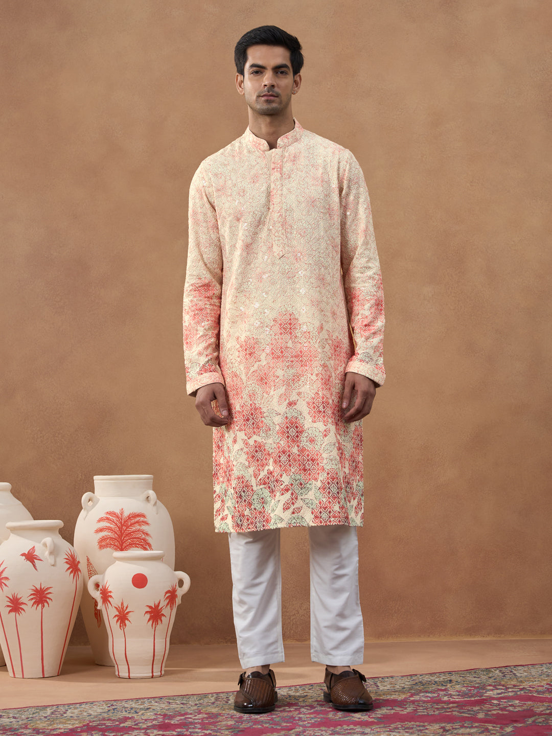 Cream Ombre Chikankari Printed Kurta Set