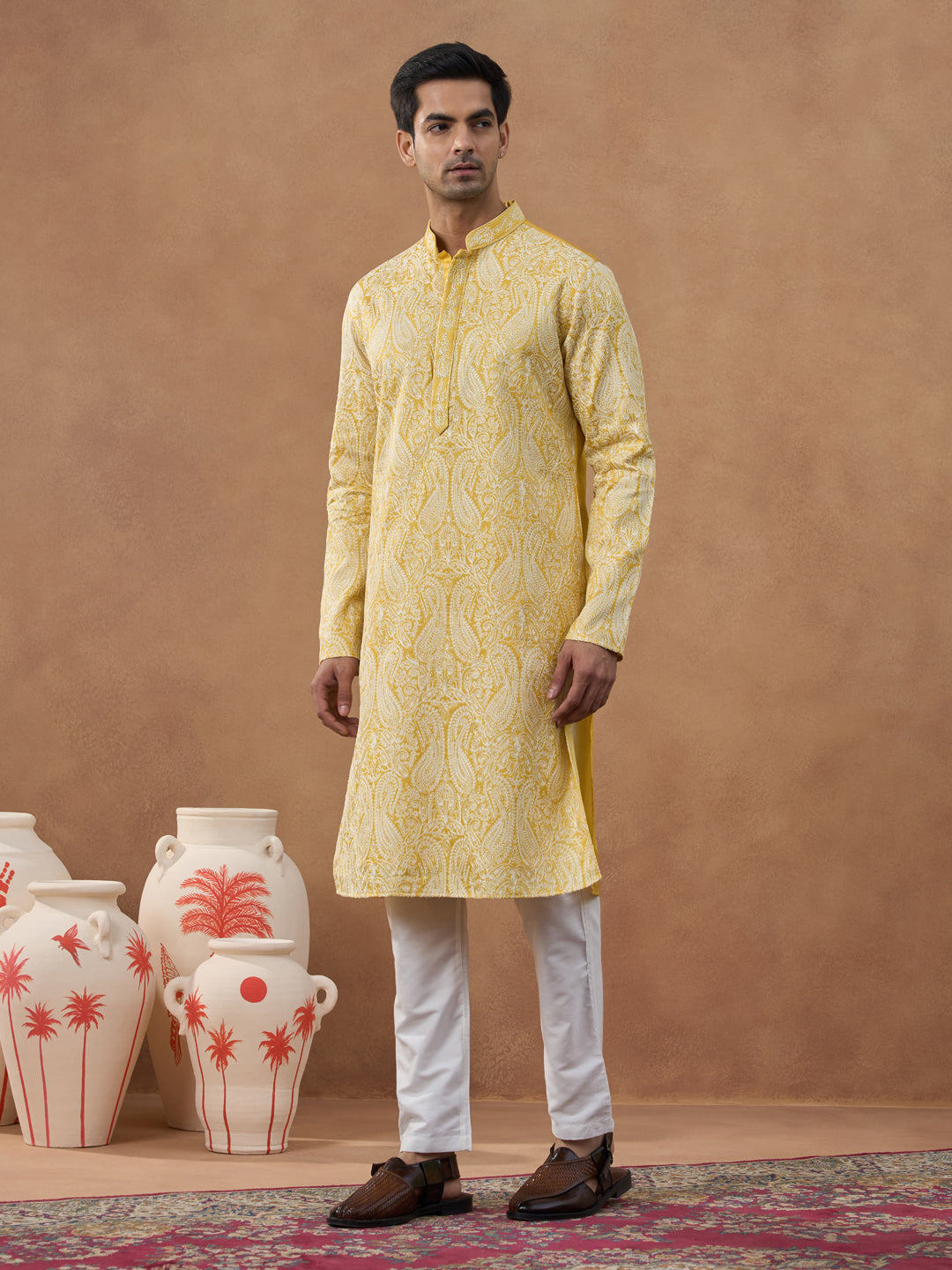 Yellow Paisley Embroidered Kurta Set