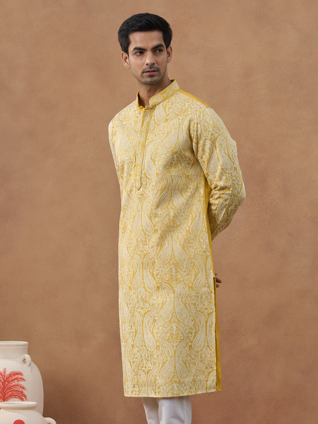 Yellow Paisley Embroidered Kurta Set