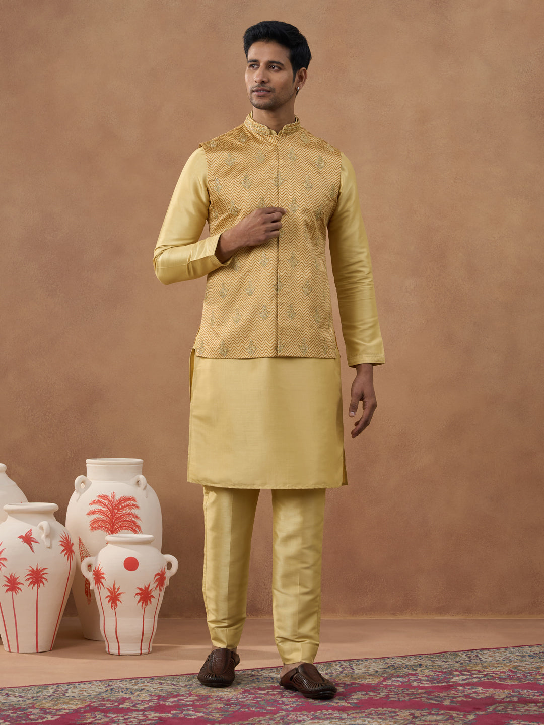 Gold Herringbone Printed Bundi Kurta Set