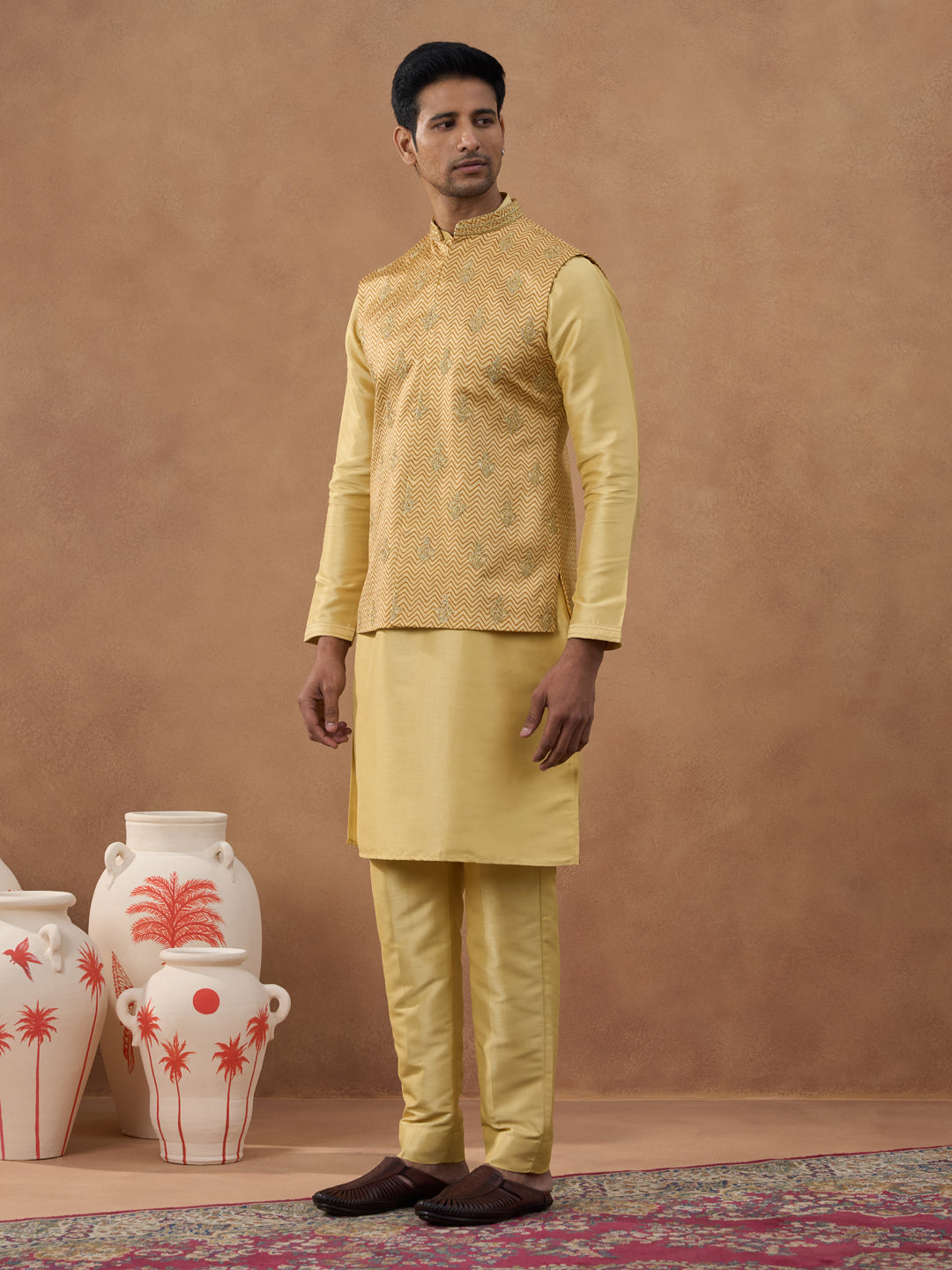 Gold Herringbone Printed Bundi Kurta Set