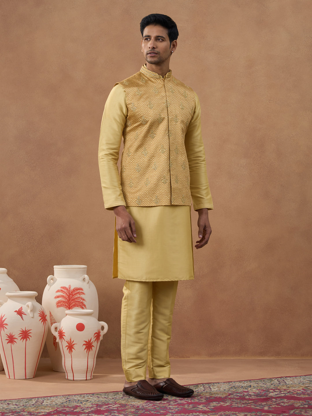 Gold Herringbone Printed Bundi Kurta Set