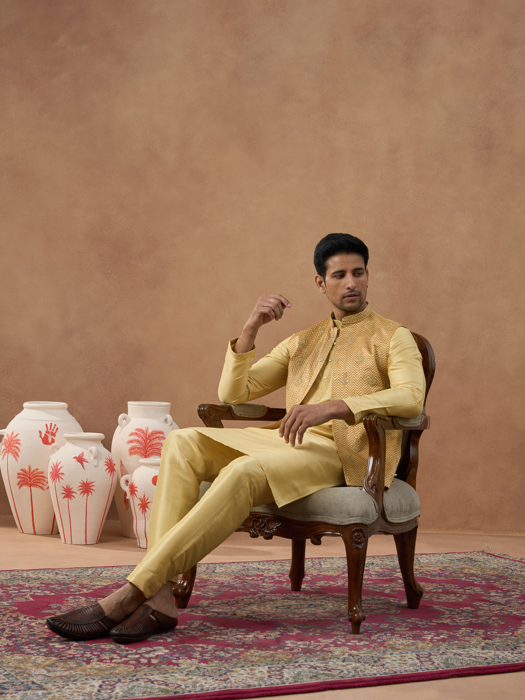 Gold Herringbone Printed Bundi Kurta Set