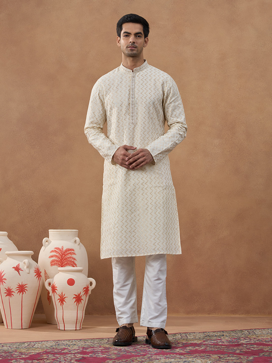 Cream Zig-Zag Embroidered Kurta Set