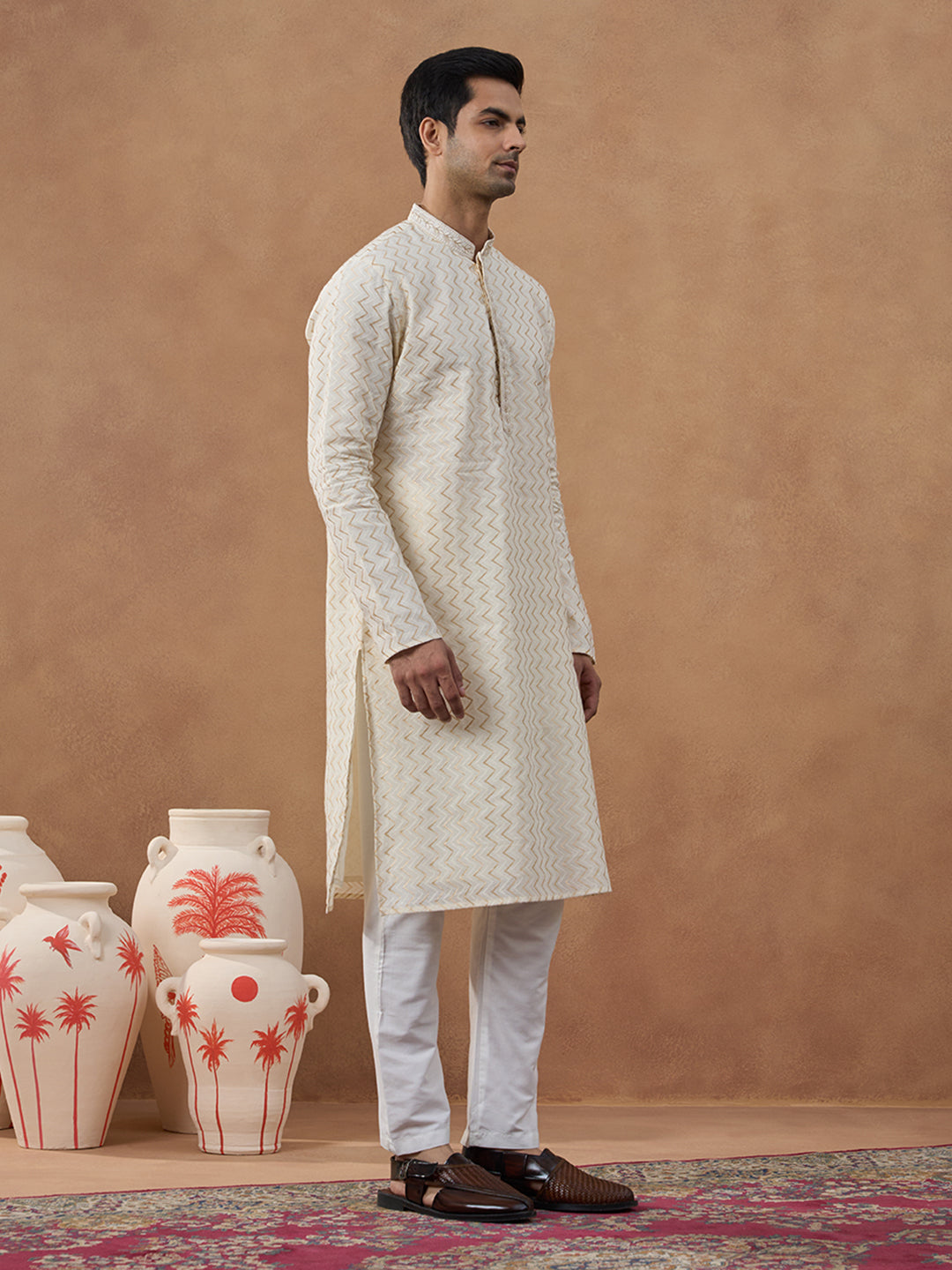Cream Zig-Zag Embroidered Kurta Set