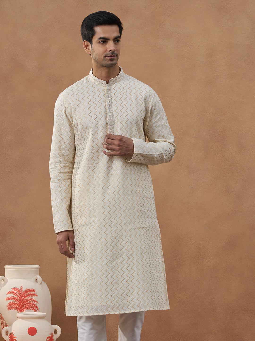 Cream Zig-Zag Embroidered Kurta Set
