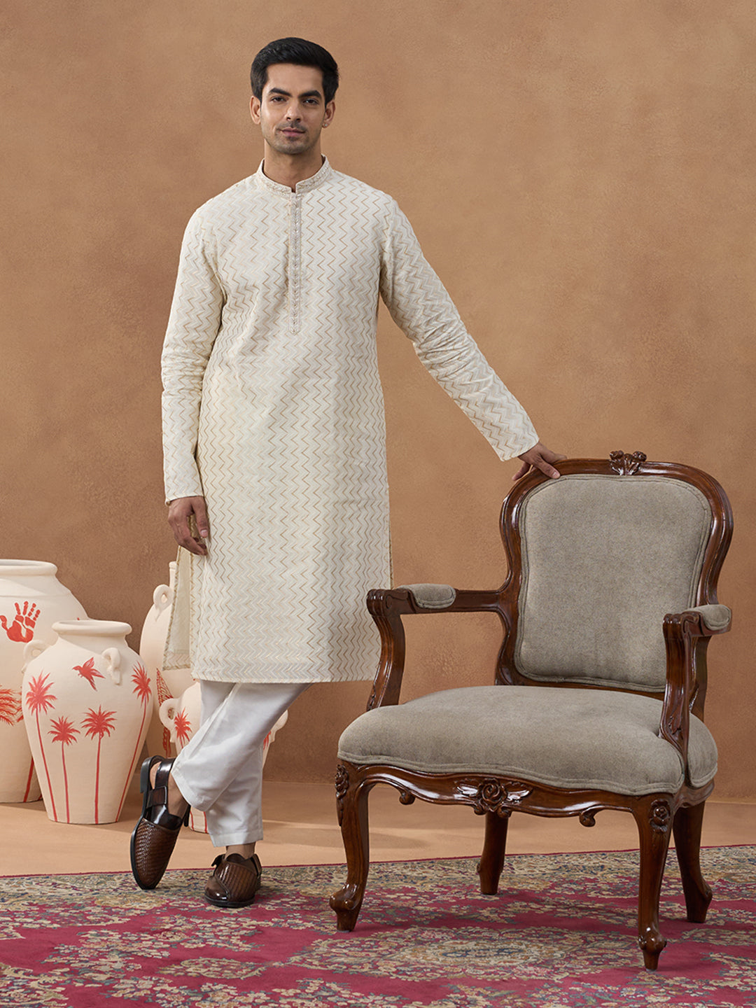 Cream Zig-Zag Embroidered Kurta Set