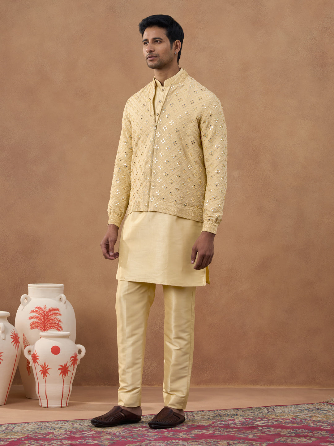 Gold Mirror Embroidery Jacket Kurta set