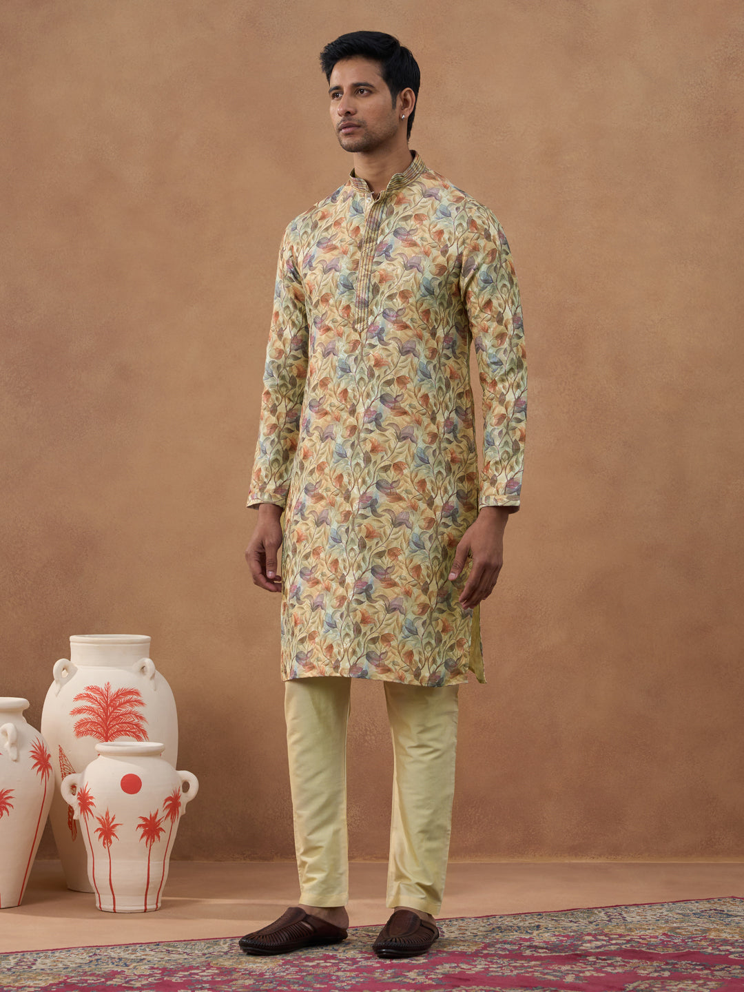 Floral Printed Beige Kurta Set