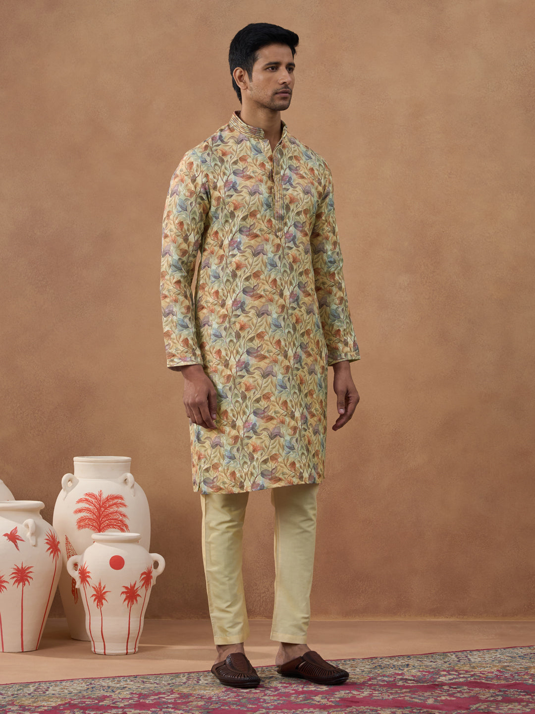 Floral Printed Beige Kurta Set