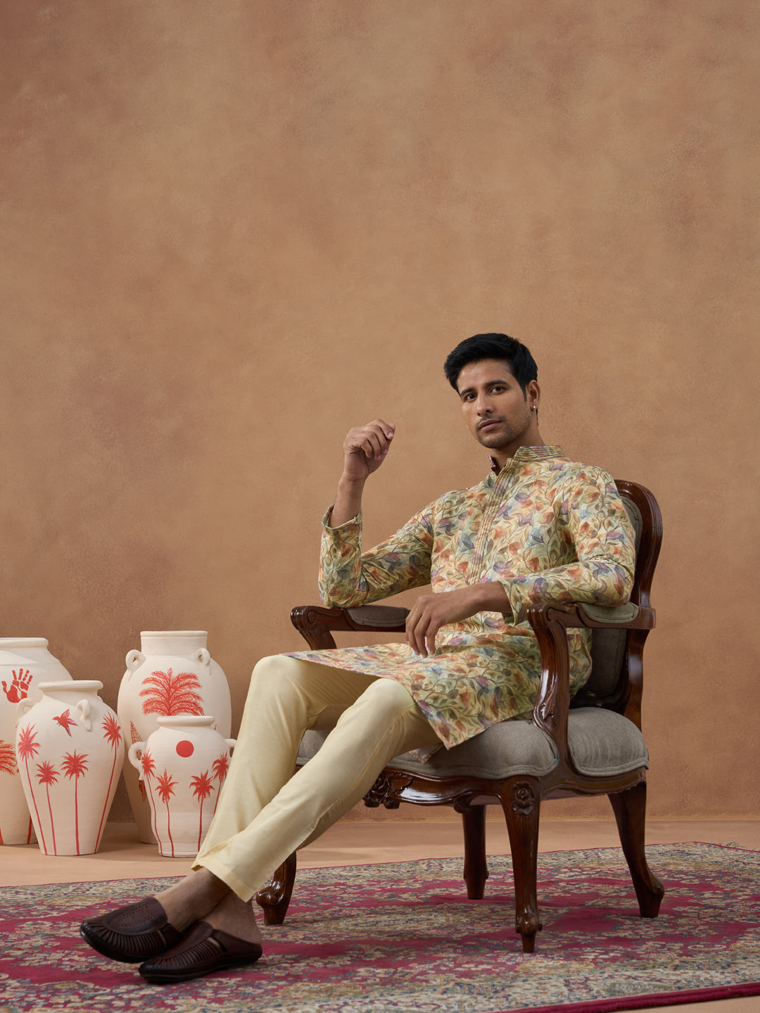 Floral Printed Beige Kurta Set