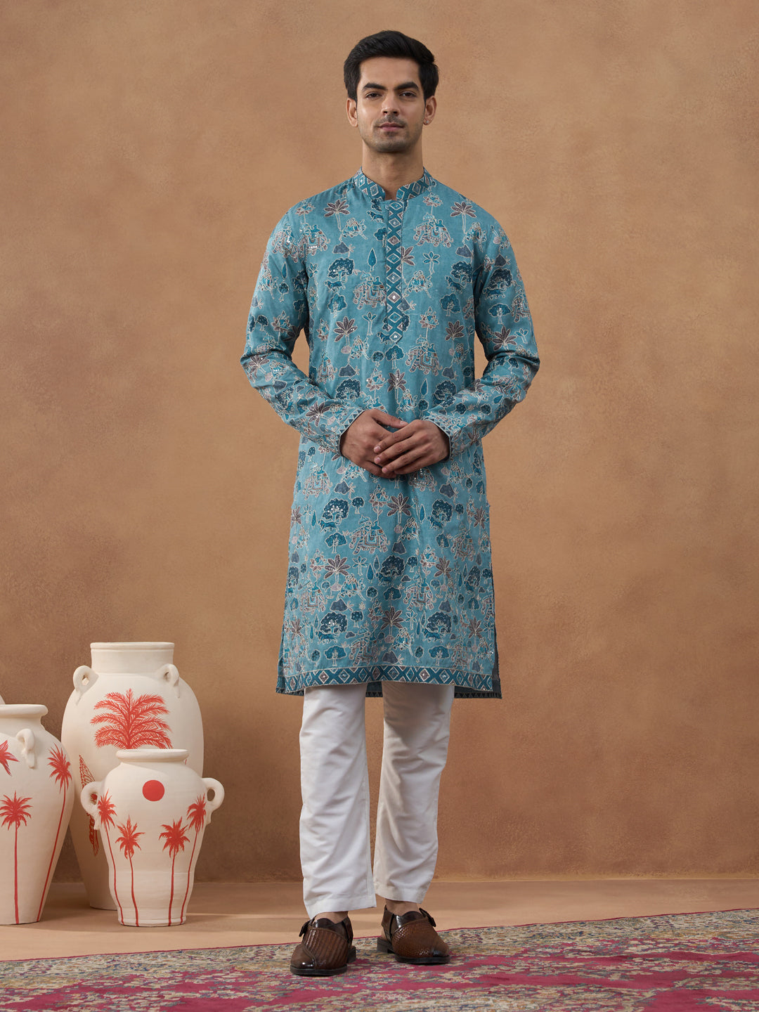 Teal Printed Cotton Kurta Set