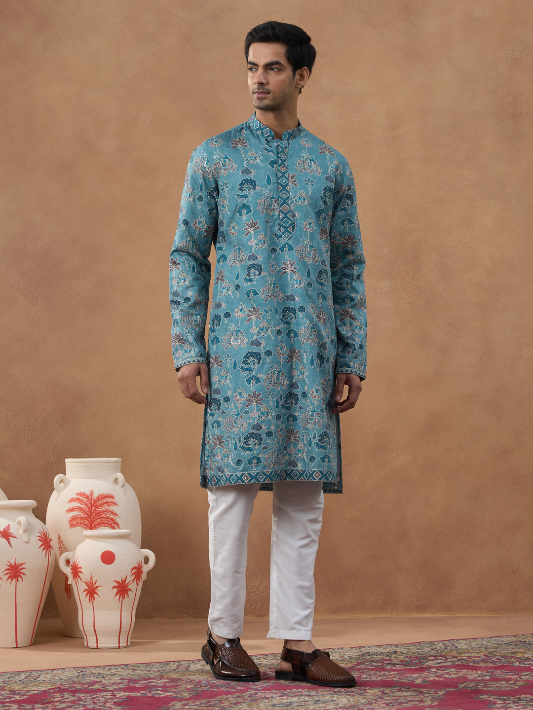 Teal Printed Cotton Kurta Set
