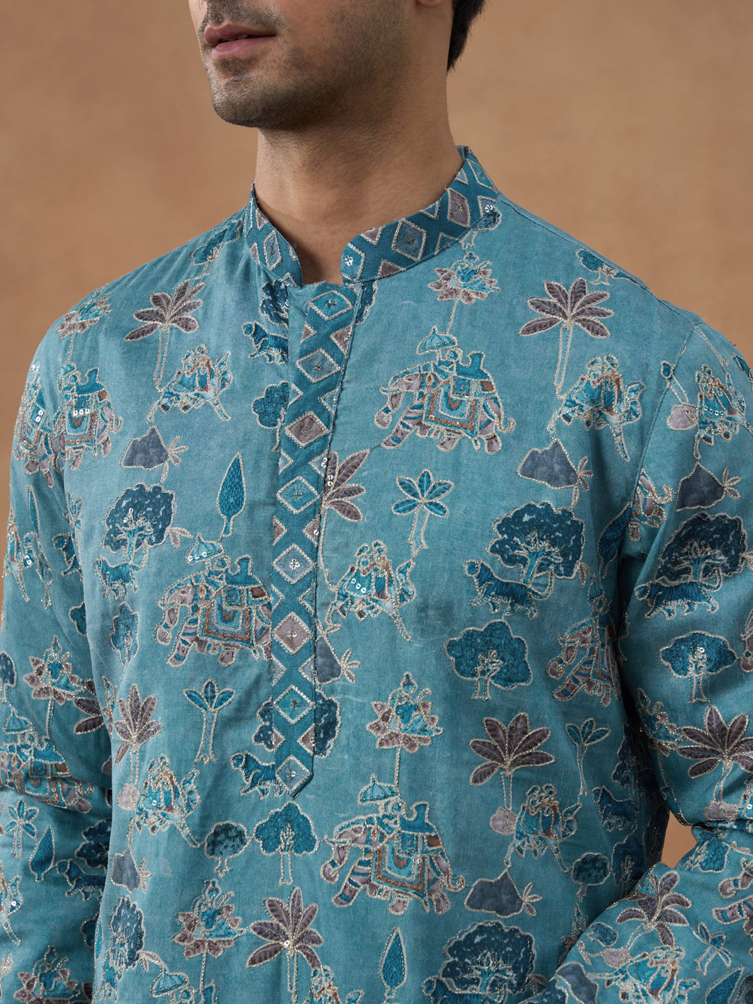 Teal Printed Cotton Kurta Set