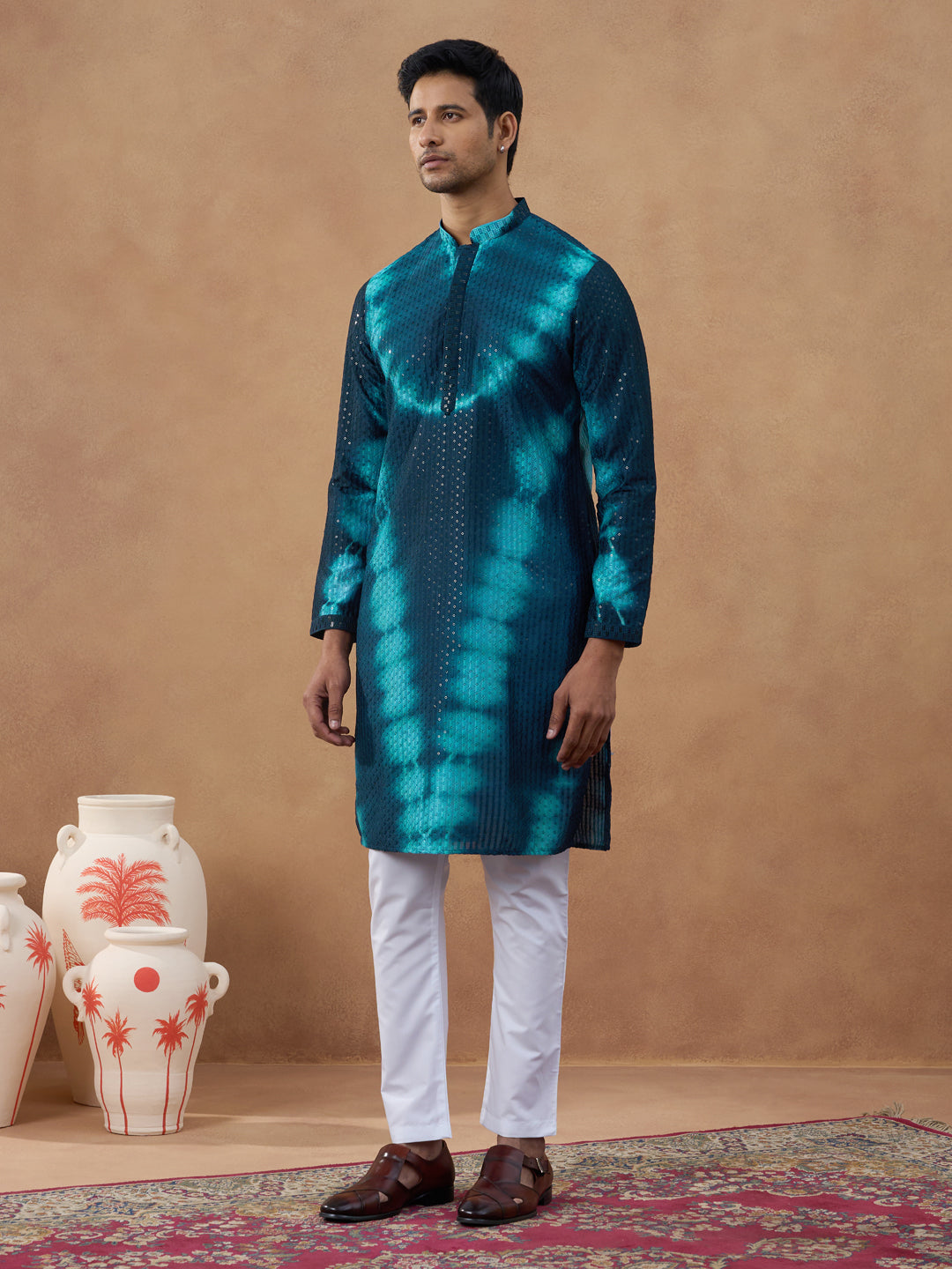 Teal Ombre Patterned Sequin Kurta Set