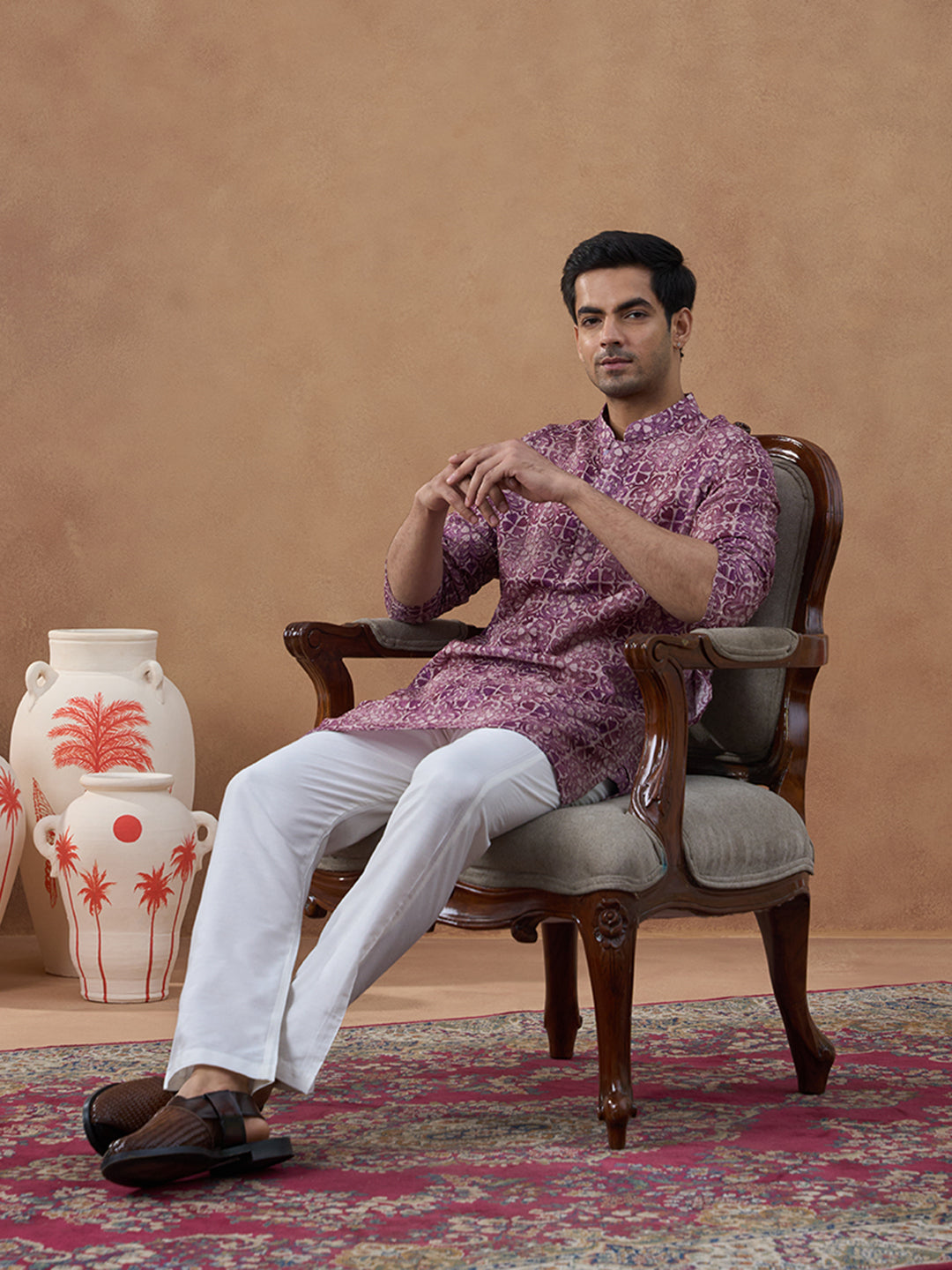 Wine Purple Heritage Motif Printed Kurta Set