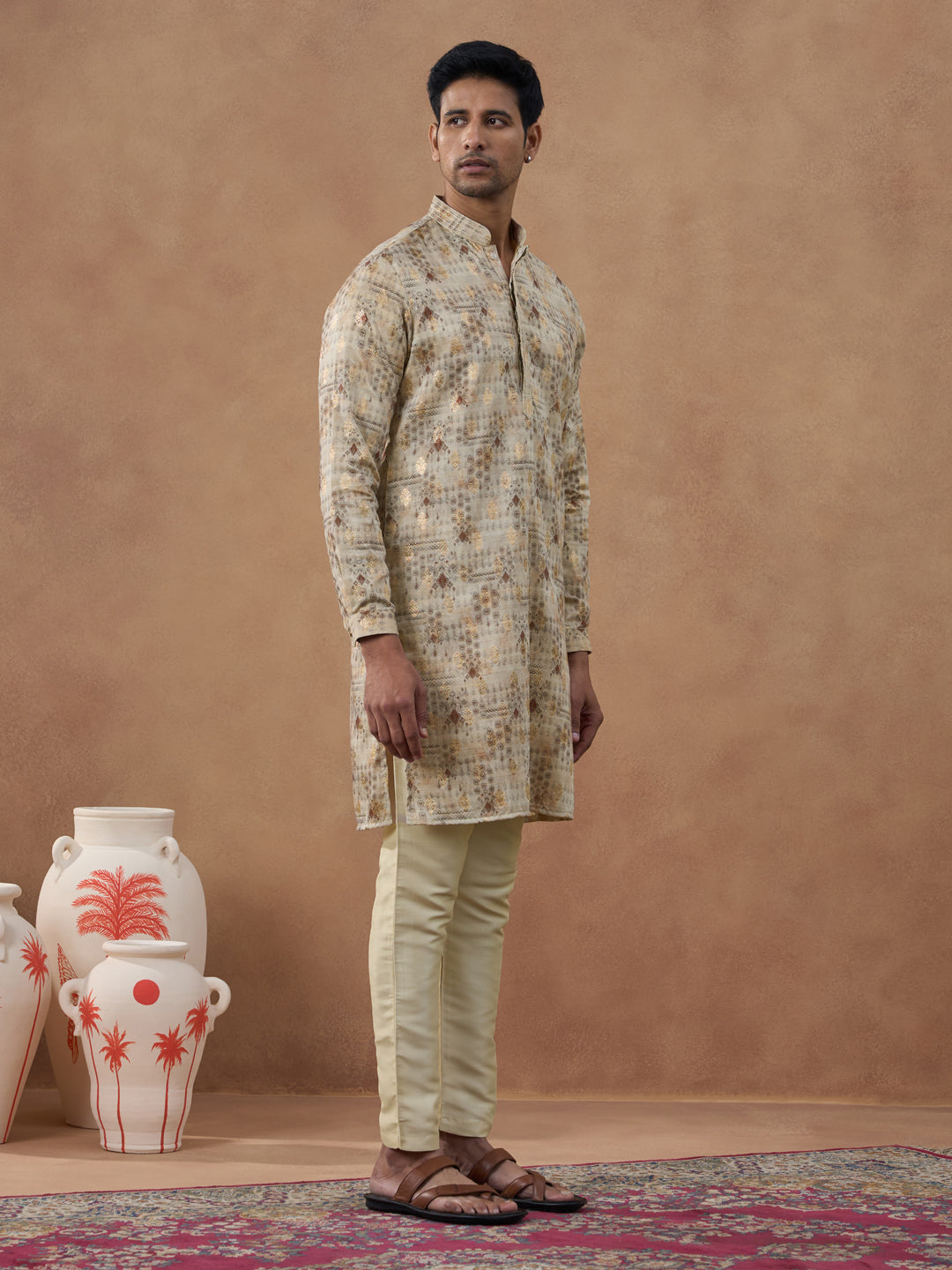 Beige Kurta Set with Subtle Gold Detailing