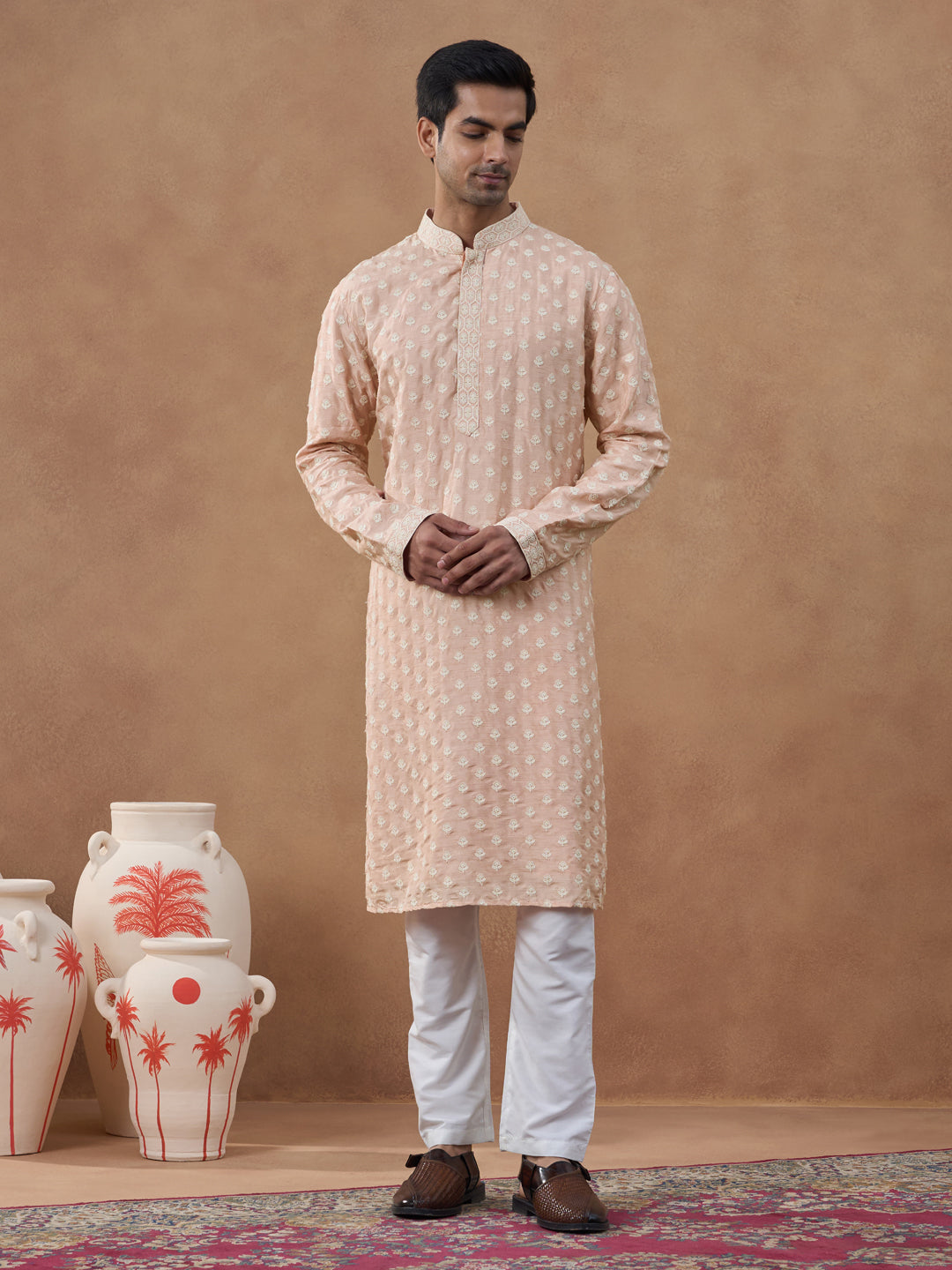 Peach Self Embroidered Kurta Set