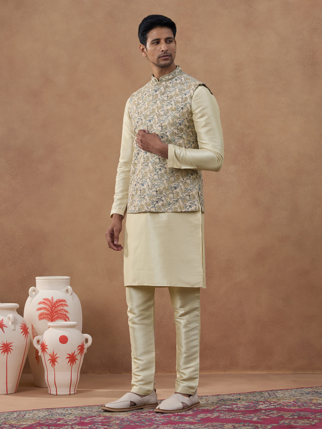 Beige Kantha Design Bundi With Kurta Set