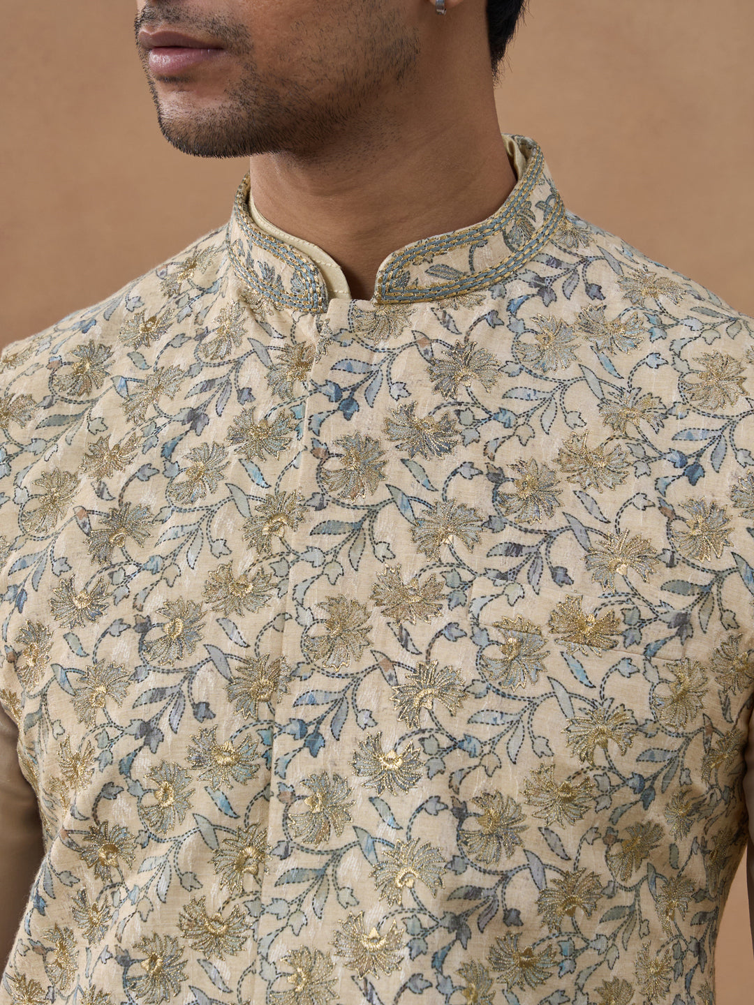 Beige Kantha Design Bundi With Kurta Set