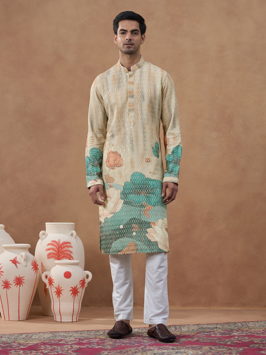 Cream Floral Printed Chikankari Kurta Set
