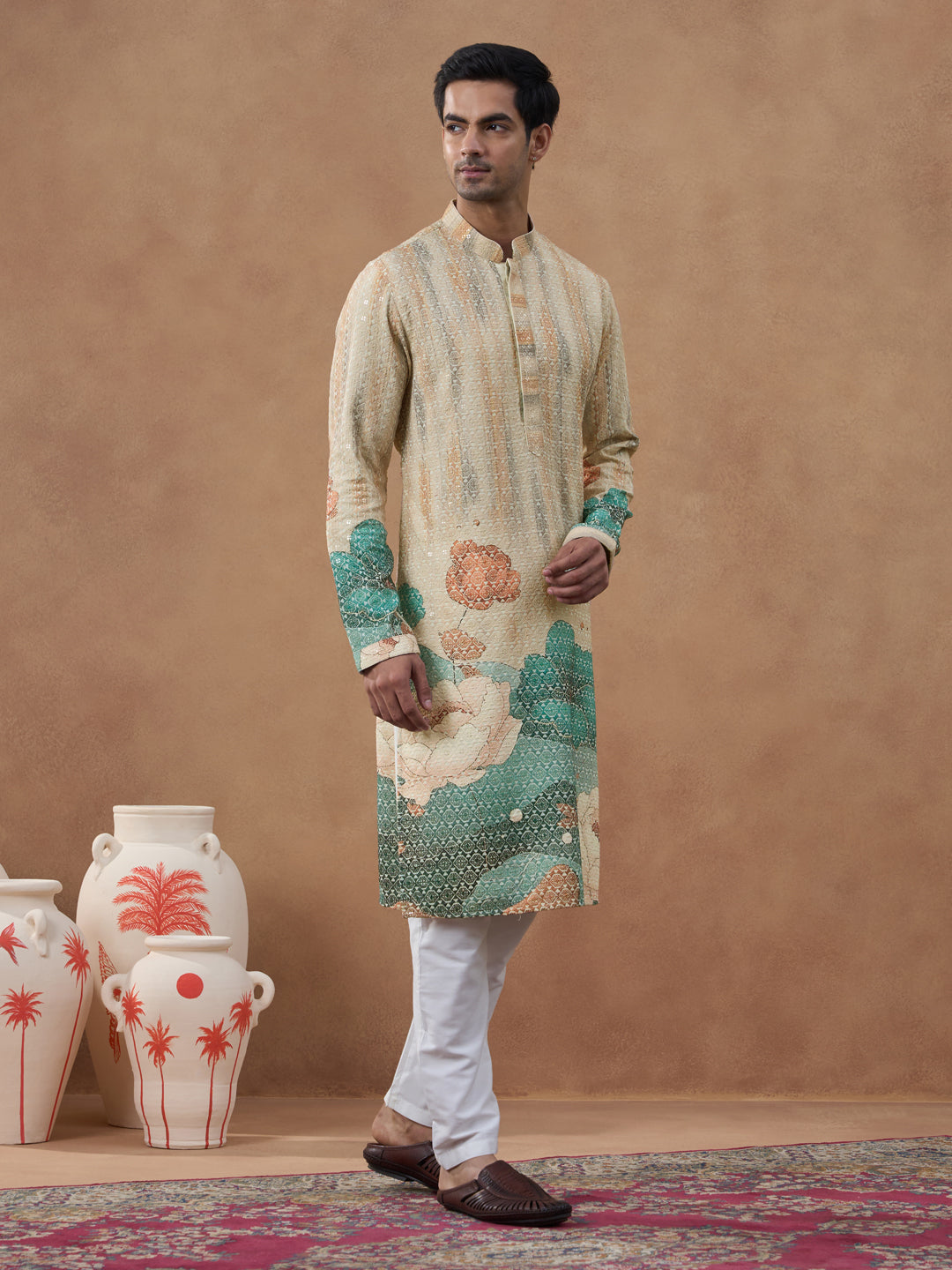 Cream Floral Printed Chikankari Kurta Set