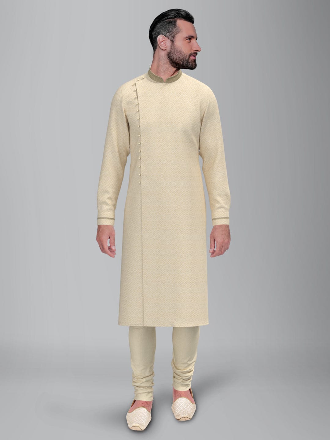Ivory Jacquard Chanderi Silk Angrakha Style Kurta Set