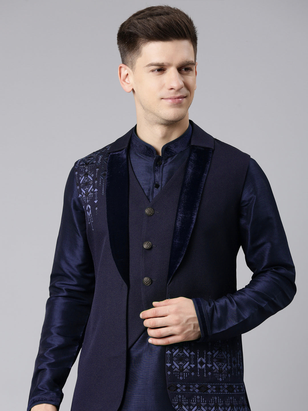 Dark Blue Layered lapel Style Jacket