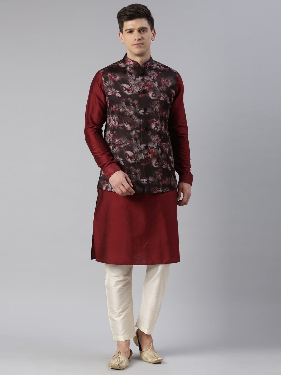 Maroon Floral Jacket With Kurta Set