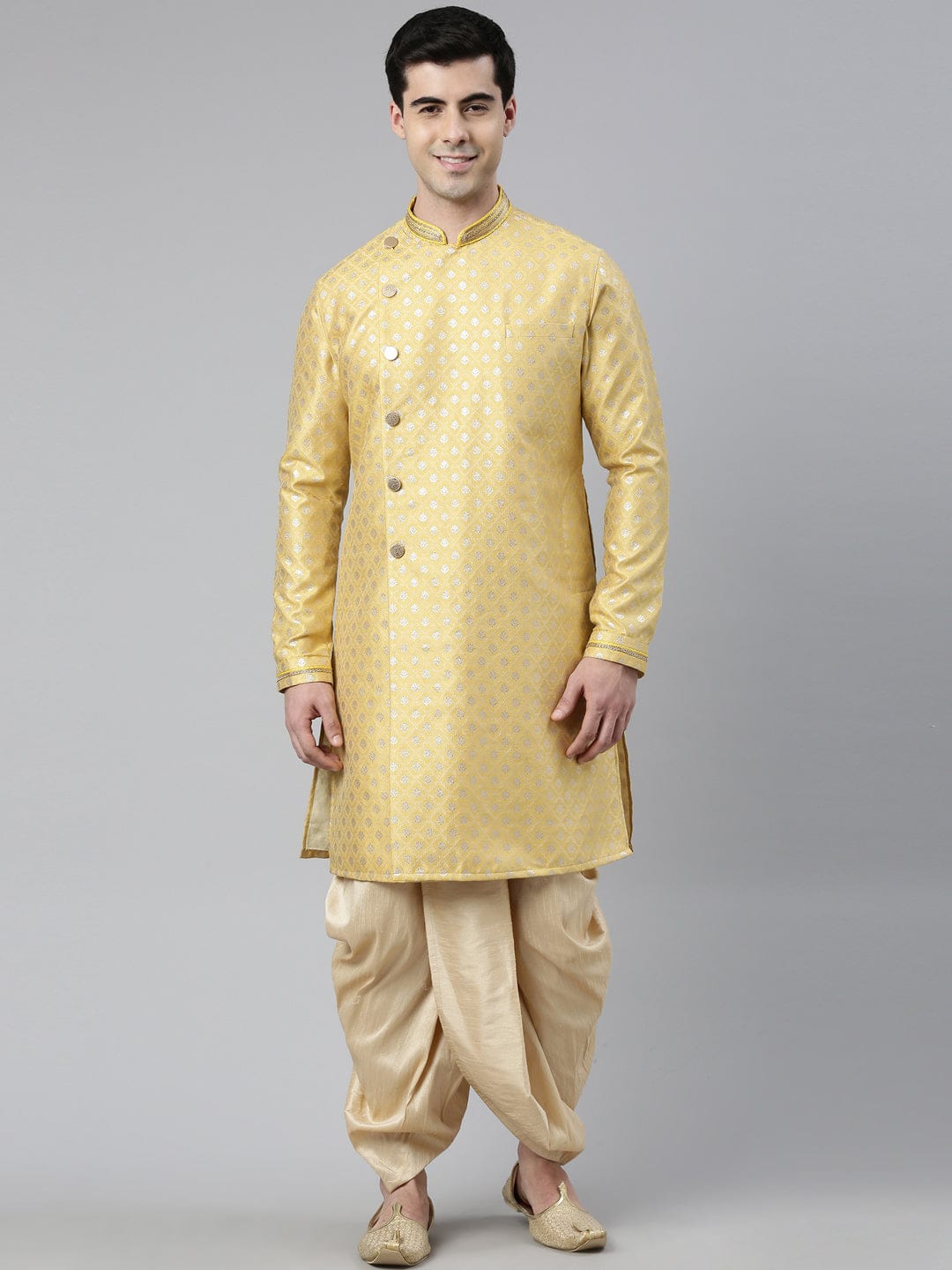 Yellow Gold Banarasi Brocade Angrakha Style Kurta Set
