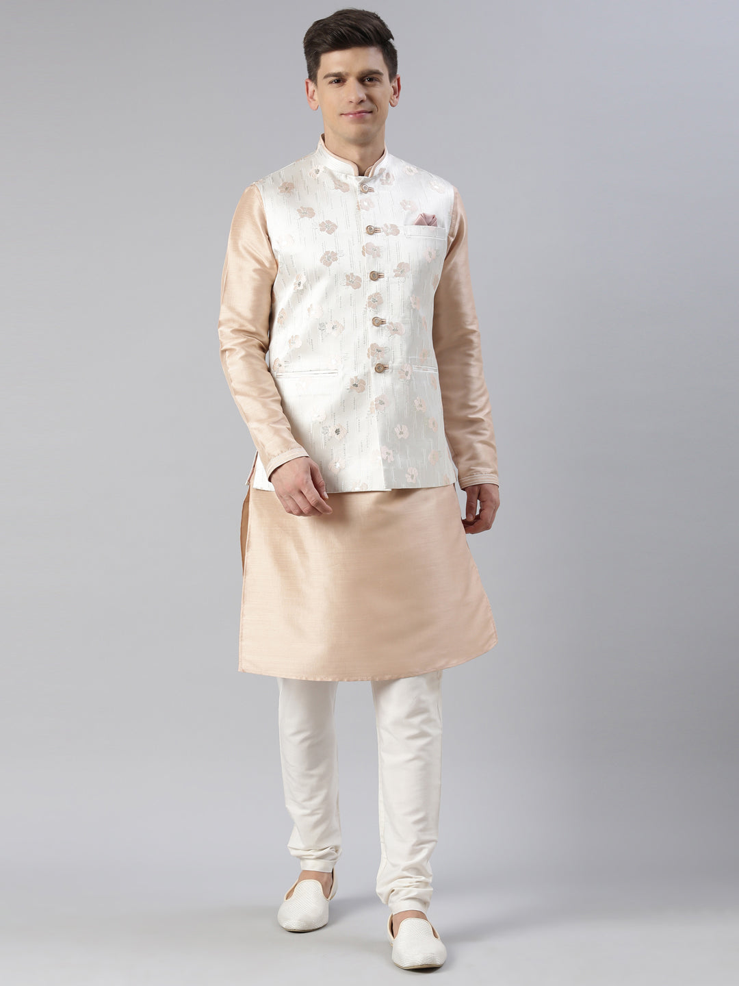 Cream Peach Jacquard Jacket with Peach Kurta Set