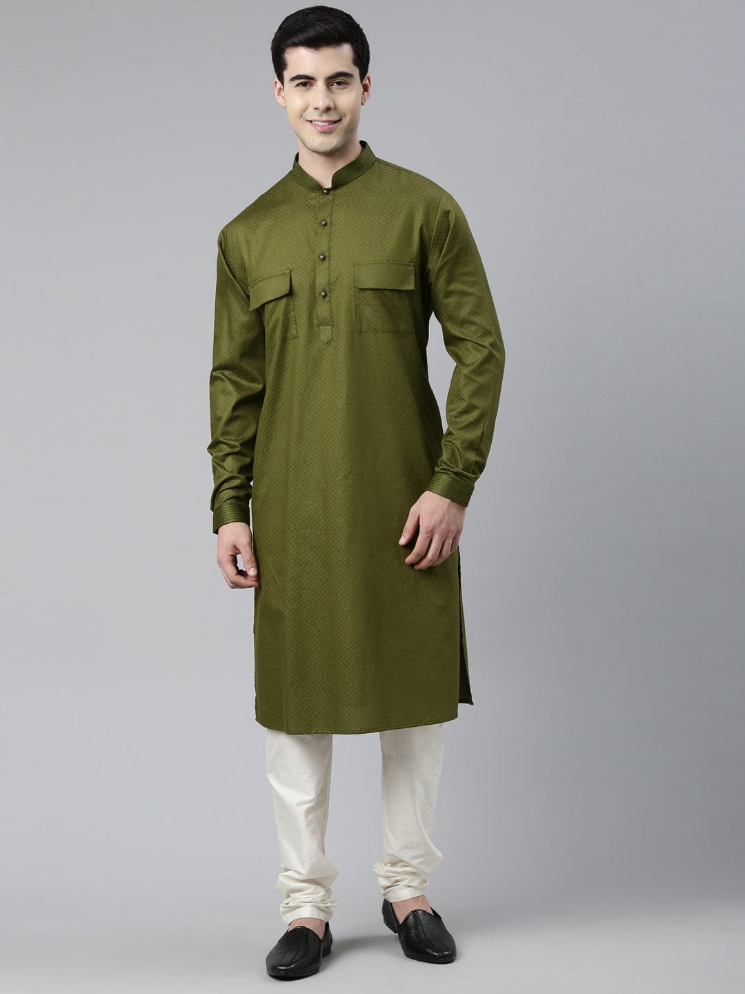 Green Cotton Pathani Kurta Set with Patch Pocket