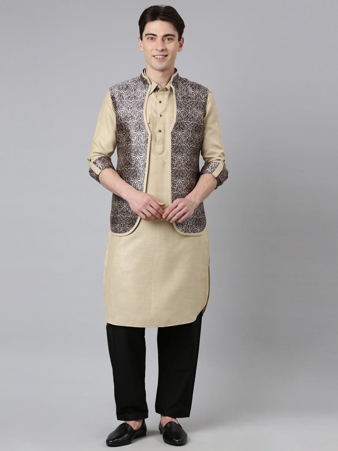 Sepia Tone Printed Jacket With Pathani Set