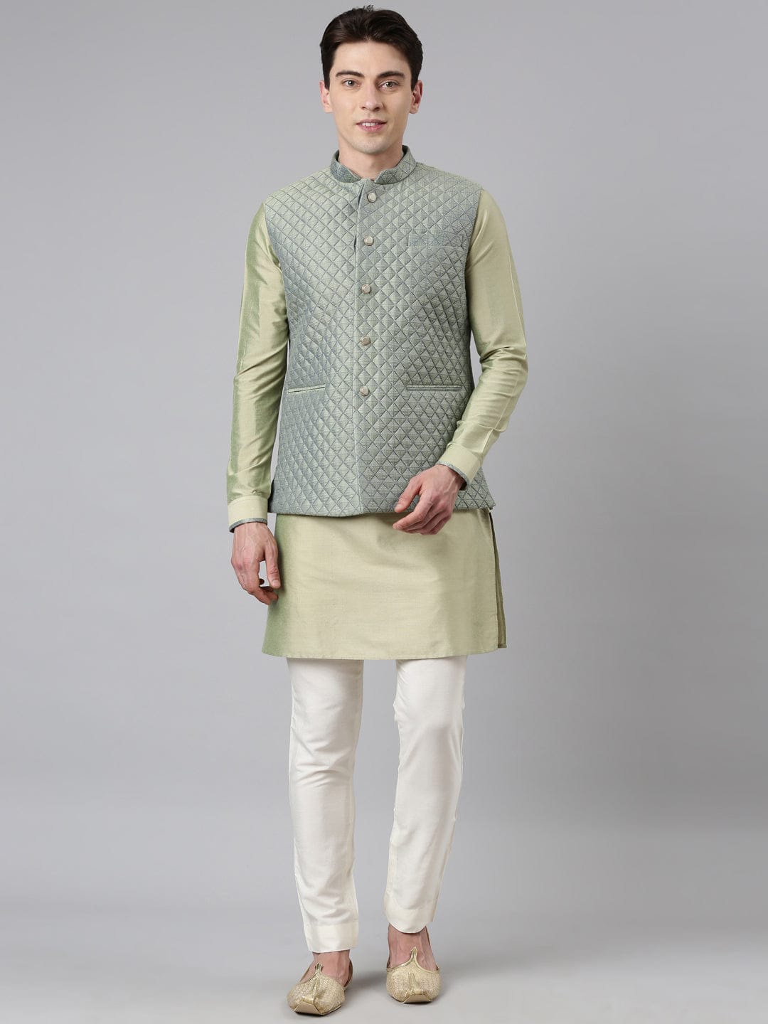 Lime Green Blue Jacquard Quilted Jacket With Green Short Kurta