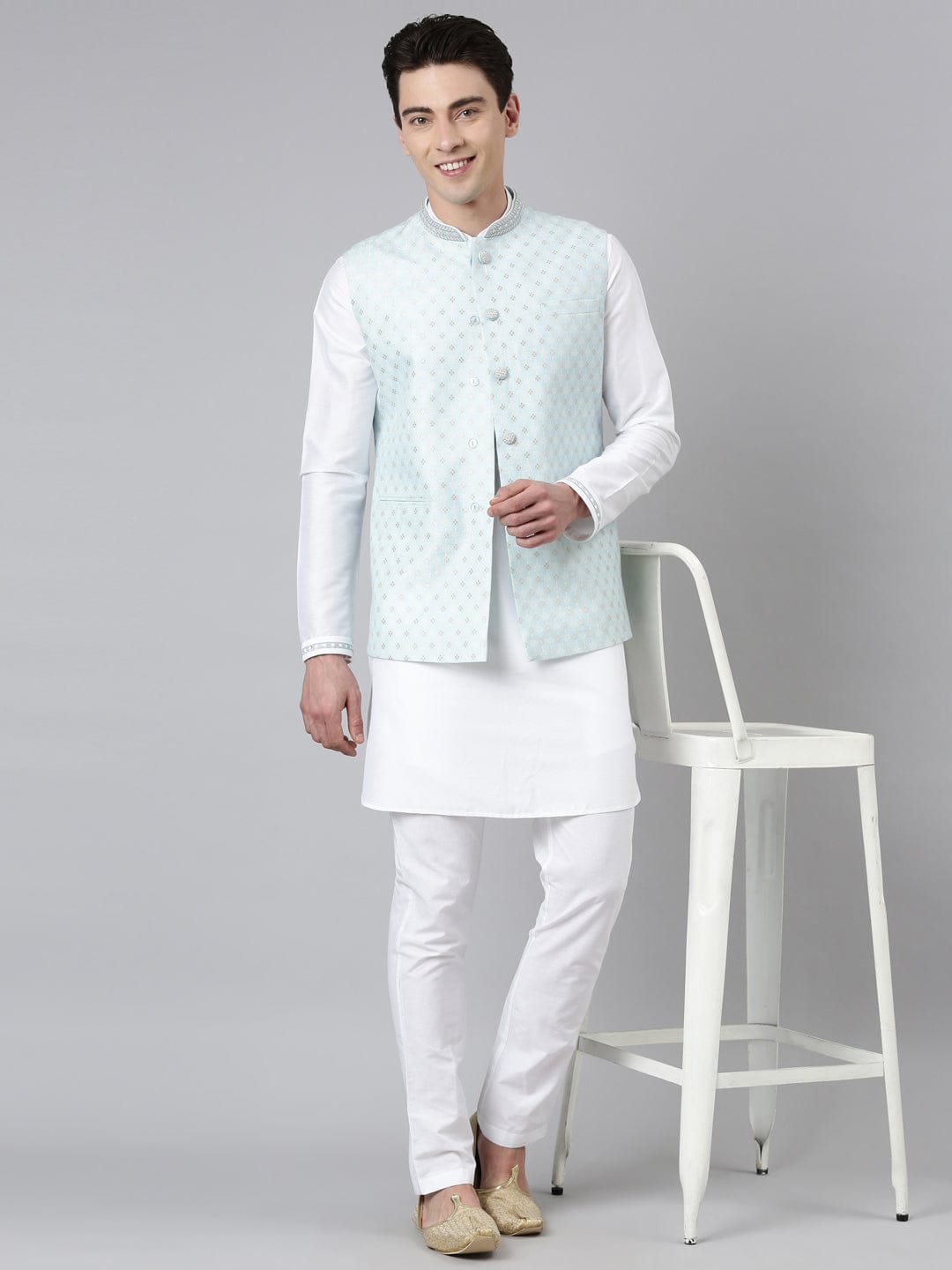 Aqua Blue Chanderi Jacket with White Short Kurta