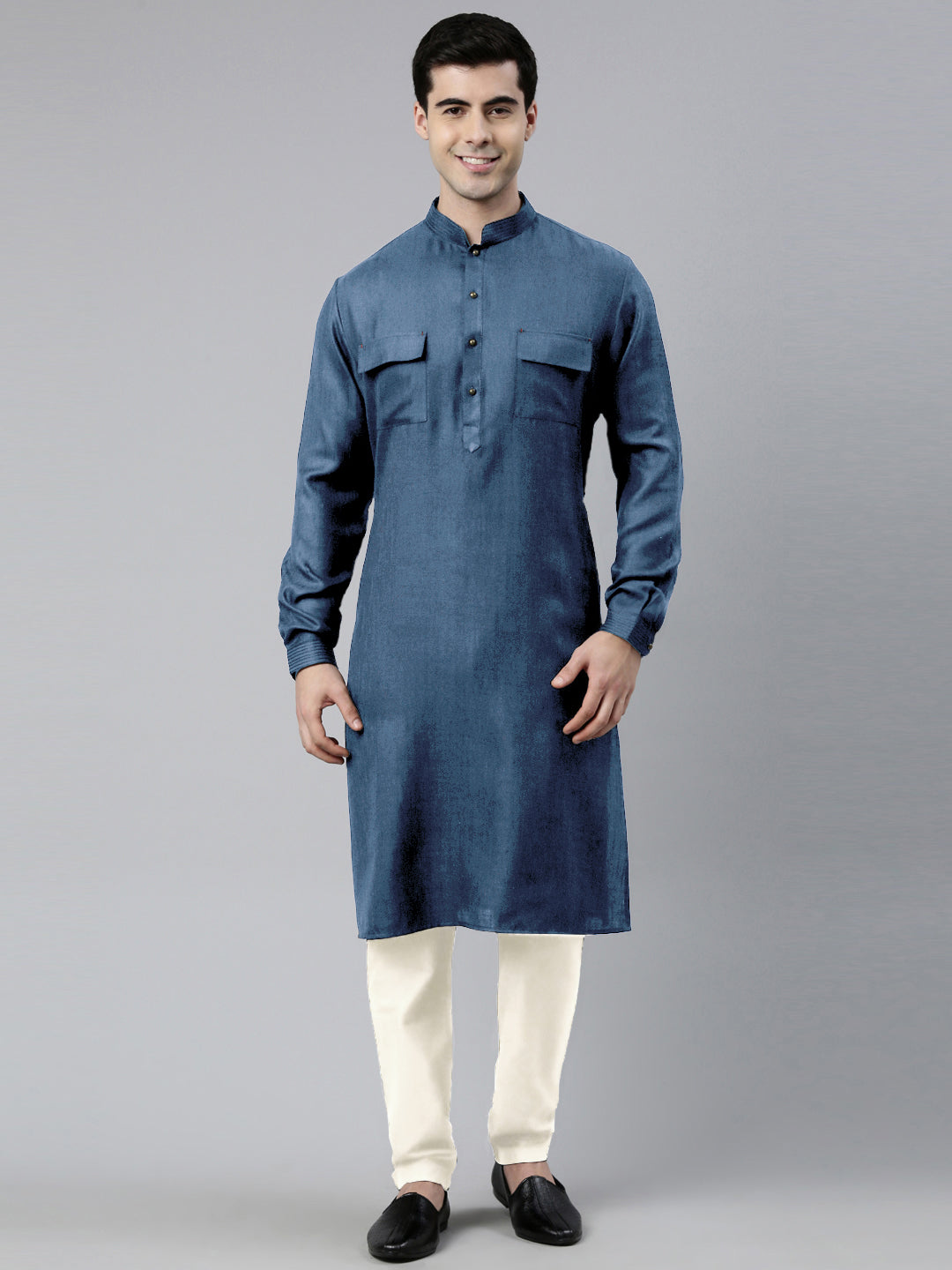 Denim Blue Cotton Pathani Kurta Set with Patch pocket